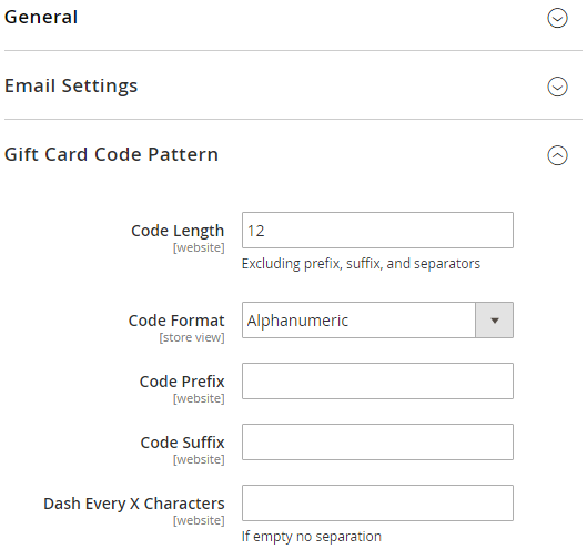 Gift Card Code Patterns in General Settings