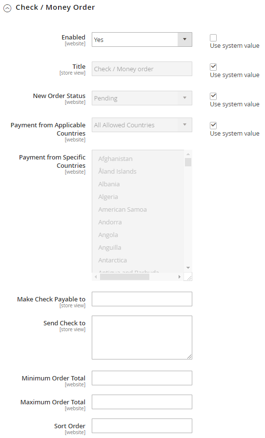 Check/Money Order Payment Settings