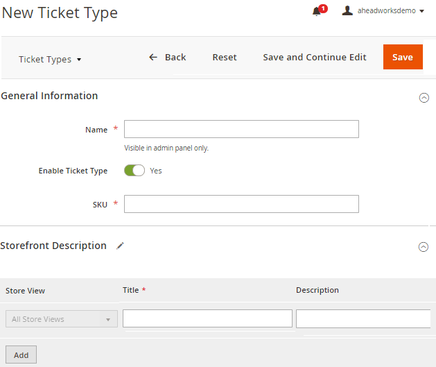 New Ticket Type Page