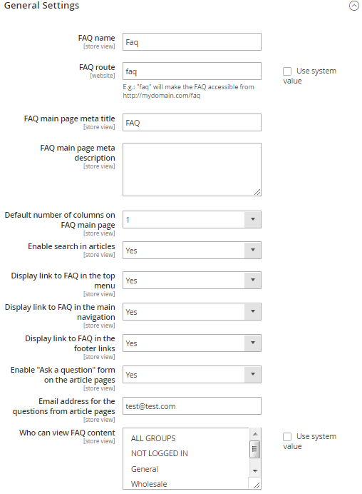 The general settings page