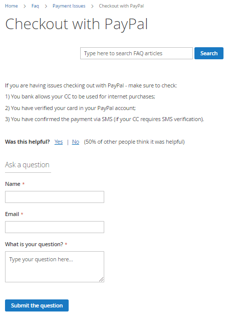 The question submission form on an FAQ article page