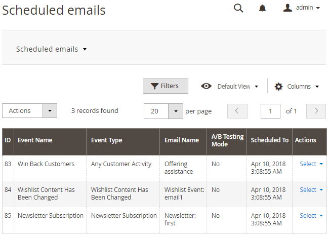 Scheduled Emails Grid 