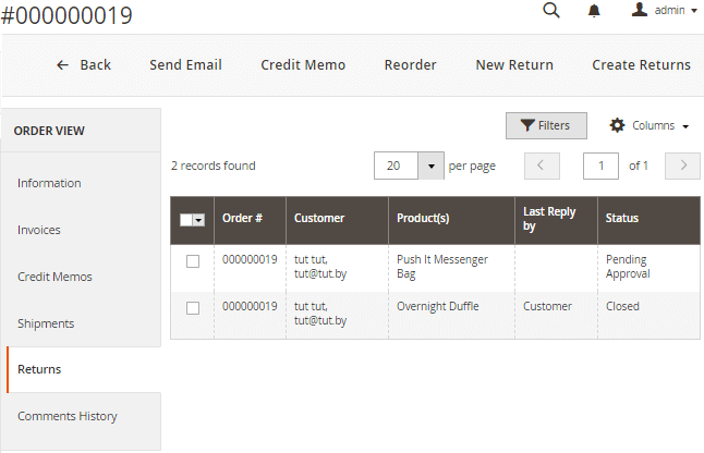 Returns Section on the Order View Page Returns Section on the Order View Page