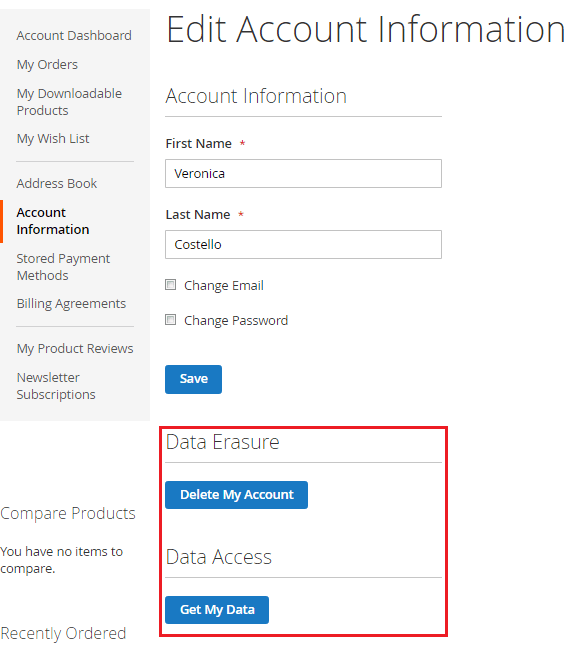 Data Request Options in Customer Account
