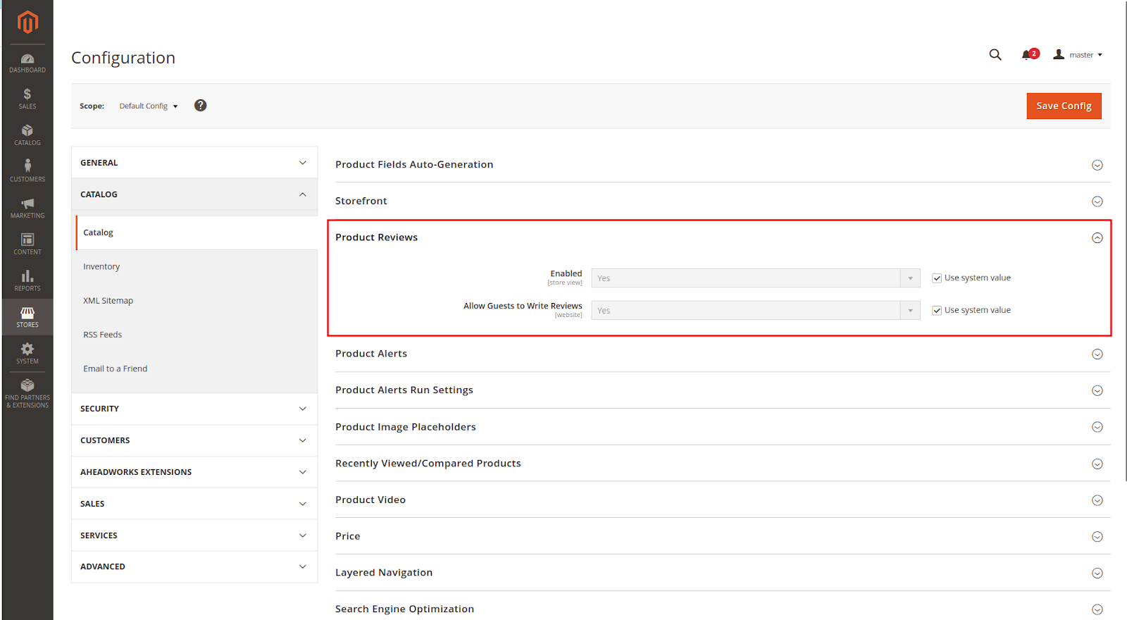 Enable product reviews im Magento Admin