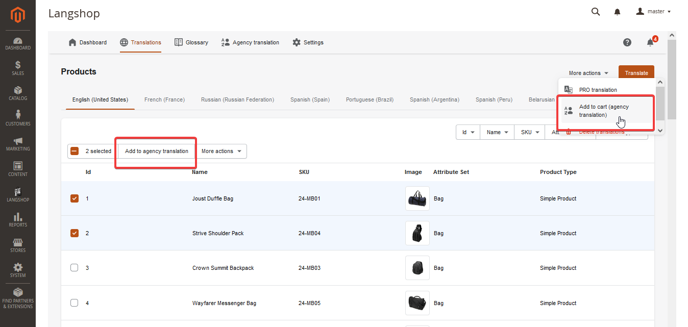 Add products to cart for agency translation