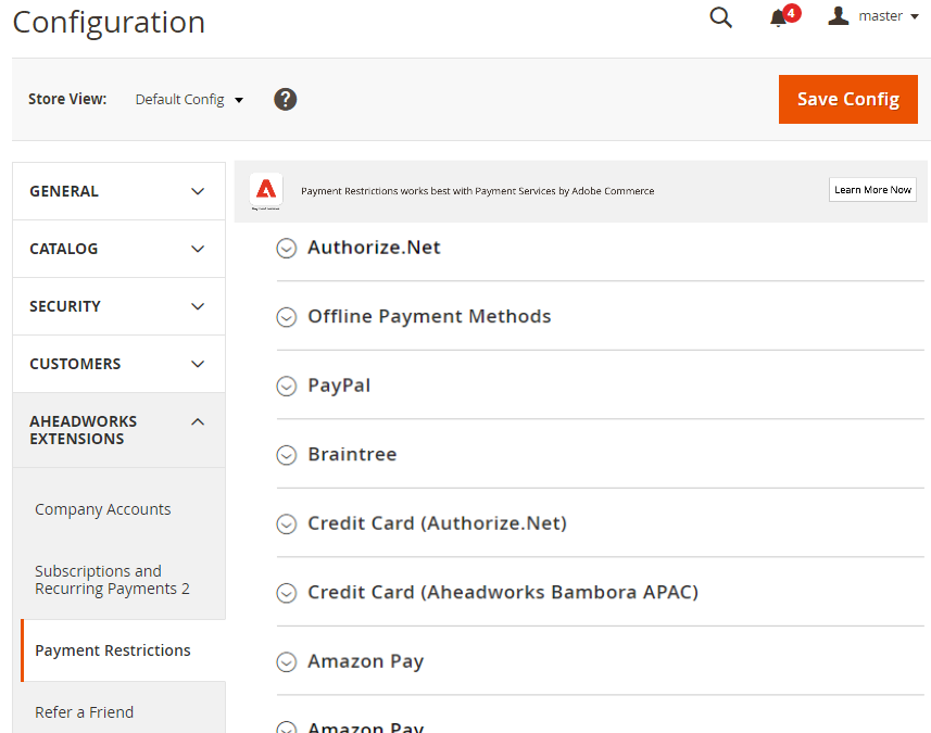 Payment Restrictions that work with Adobe Payment Services 