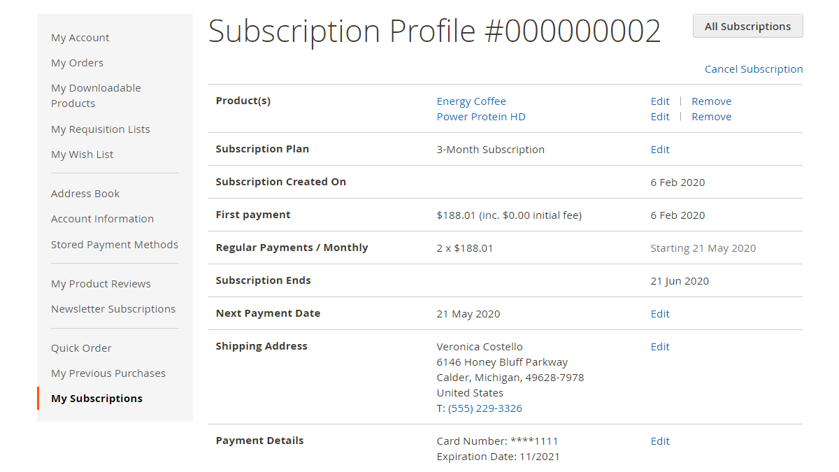 Advanced Subscription Products configurations in customer account