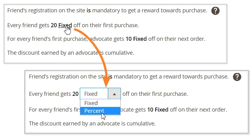 Define fixed or percent discount for referring a friend